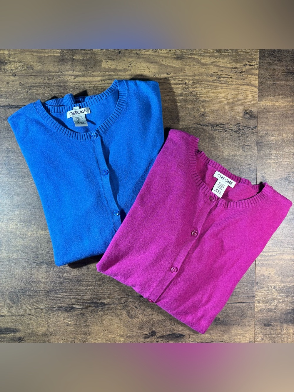 SET OF 2 Cherokee Button-Front Cardigans Blue & Fuchsia 3/4 sleeves XXL acadamia